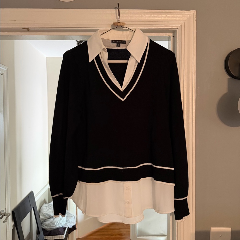 Adrianna Papell Black V-Neck Layered Knit Sweater with White Shirt Detail